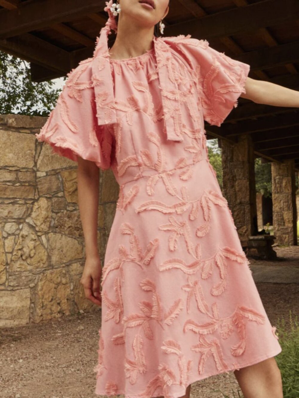 Misook Fringe Embroidered Puff Sleeve Dress – Size Large